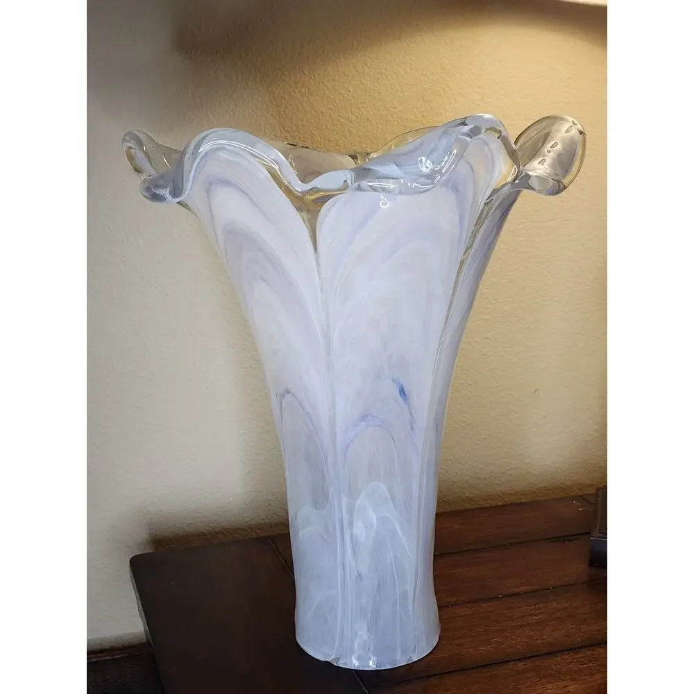 NEW Ruffled Top MURANO Italian Blown Art Glass Swung Vase Purple White Swirl 15